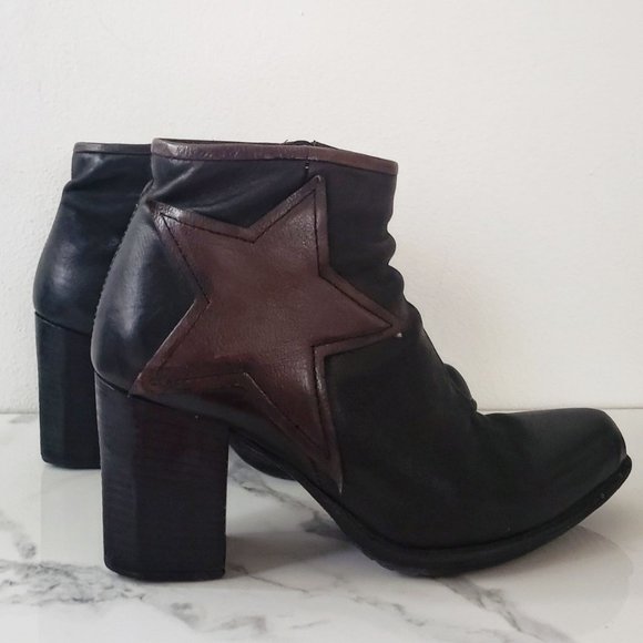 A.S.98 Shoes - A.S.98 Star Applique Stack Heel Black Leather Booties